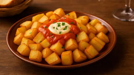 Patatas bravas en cuadrados y salsas encima de ellas.