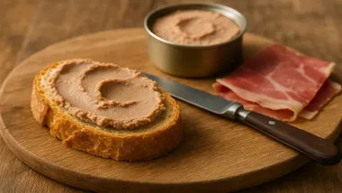 Lata de paté y pan untado con el mismo, están en una superficie de madera.