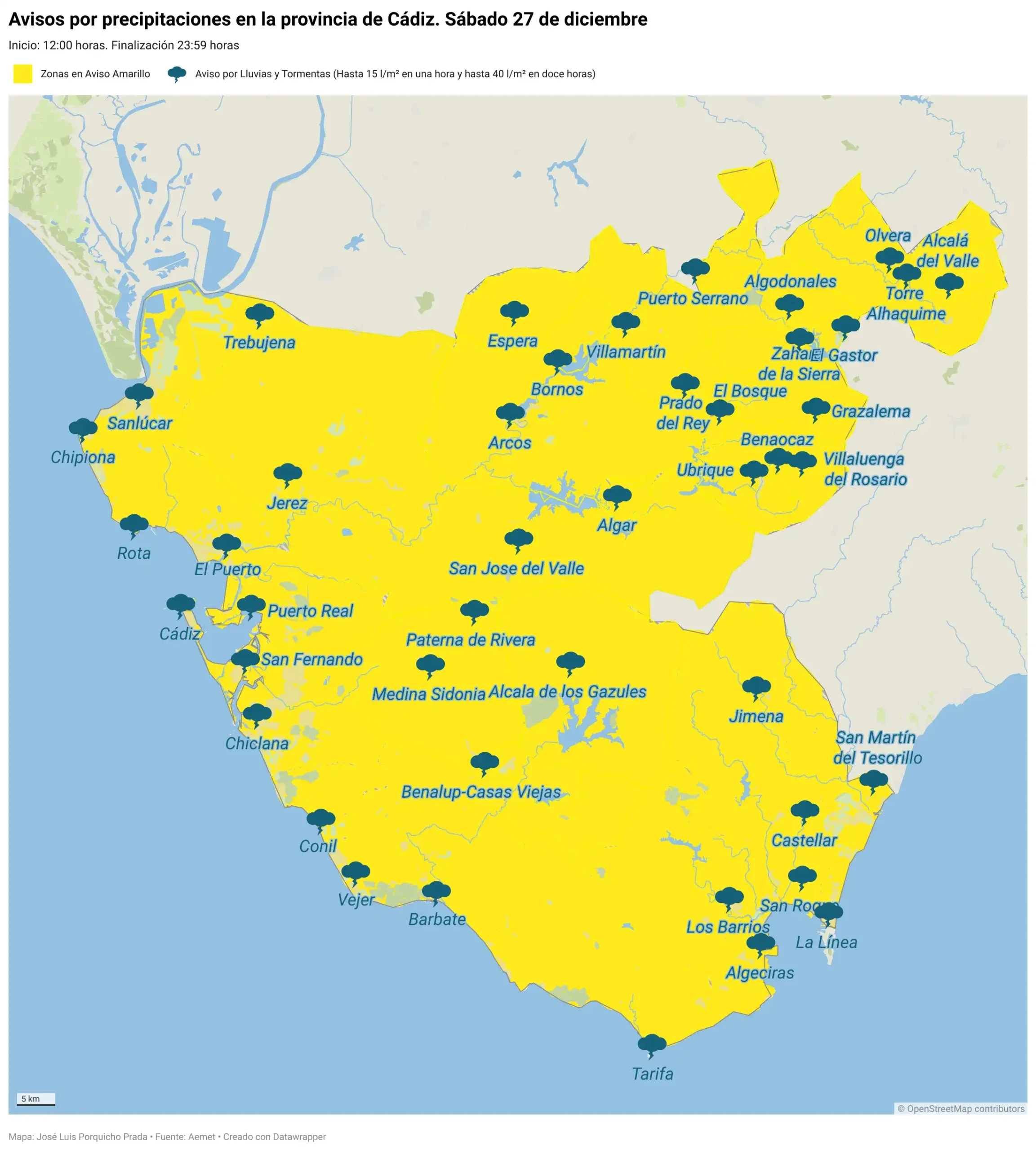 Avisos por lluvias y tormentas en la provincia de Cádiz en el último fin de semana del año
