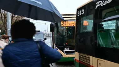Una mujer con un paraguas se acerca a un autobús urbano de Cñadiz que llega a la parada