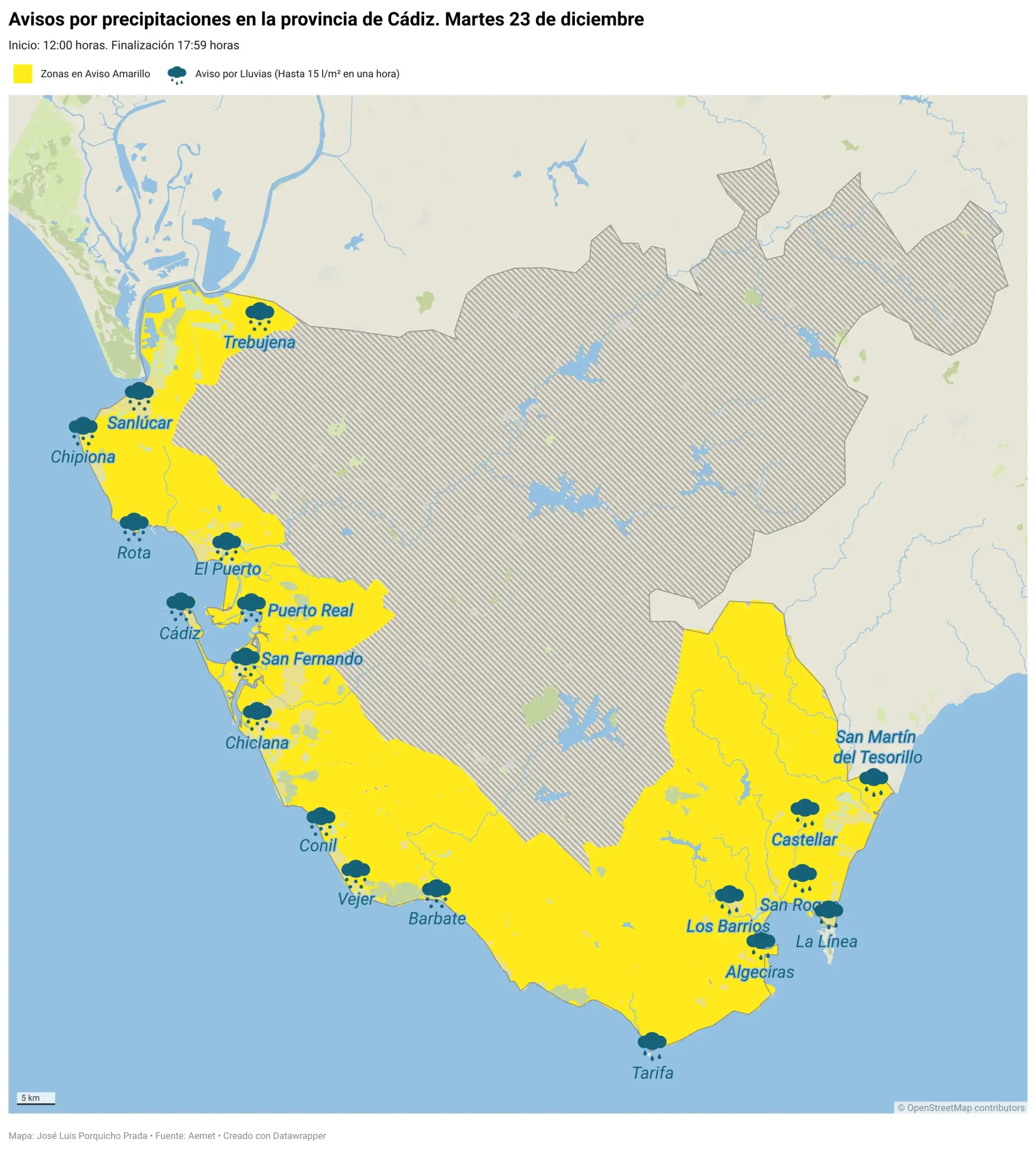Aviso amarillo por lluvias en el litoral y el Estrecho: la inestabilidad vuelve a la provincia de Cádiz a las puertas de Nochebuena
