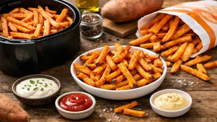 Recipiente con bastones de batatas fritas y salsas.