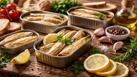 Envases de caballa y rodajas de limón y otros elementos gastronómicos.