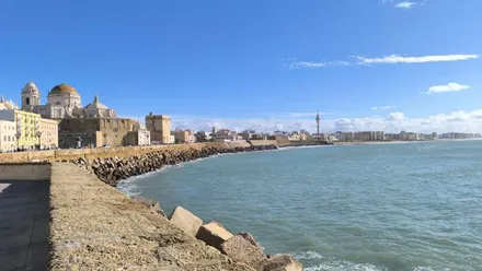 Imagen tomada a mediodía de la ciudad de Cádiz. En el centro se distinguen la Catedral, con su cúpula dorada, y la Torre Tavira sobresaliendo entre los edificios del casco histórico. En primer plano aparece la zona nueva de la ciudad y, al fondo, la línea de costa atlántica con la playa de Santa María del Mar. El cielo está despejado y la luz es clara, propia del inicio del invierno.