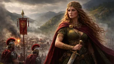 Reina britana Cartimandua y tropas romanas.