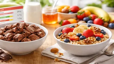 Dos tazones con cereales. uno con frutas y otro de chocolate. Destacan las frutas de tonos rojizos.