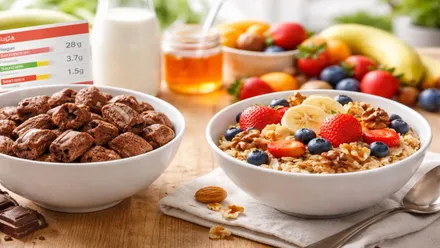 Dos tazones con cereales. uno con frutas y otro de chocolate. Destacan las frutas de tonos rojizos.