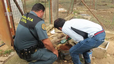 Agente y un inspector midiendo en la finca.