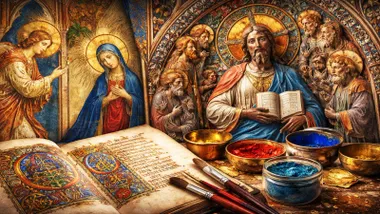 Retablo y páginas pintadas de vivos colores.