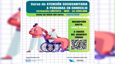 Cartel en tonos blancos y verdes del curso de EMSISA, aparece un dibujo e una chica junto a una persona en silla de ruedas.