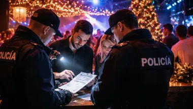 Dos policías revisan la documentación que le dan dos personas en una fiesta de fin de año.