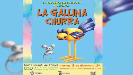 Cartel en tonos celestes, con un ratón y una gallina en color amarillo y azul.