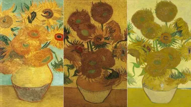 Cuadros, destacando el amarillo, de girasoles de Van Gogh.