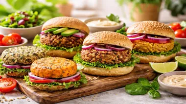 Diferentes hamburguesas veganas con distinta presentación.