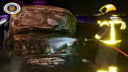 Bombero con una manguera sofocando el fuego en la parte del motor de un coche calcinado.