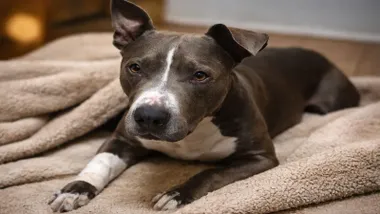 Kimbo echado sobre una mantita. Es un perrito de color marrón y blanco.