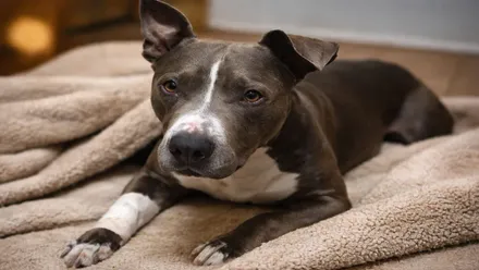 Kimbo echado sobre una mantita. Es un perrito de color marrón y blanco.