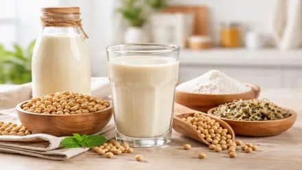 Vaso con leche de soja y una botella tras él, también hay granos de soja.