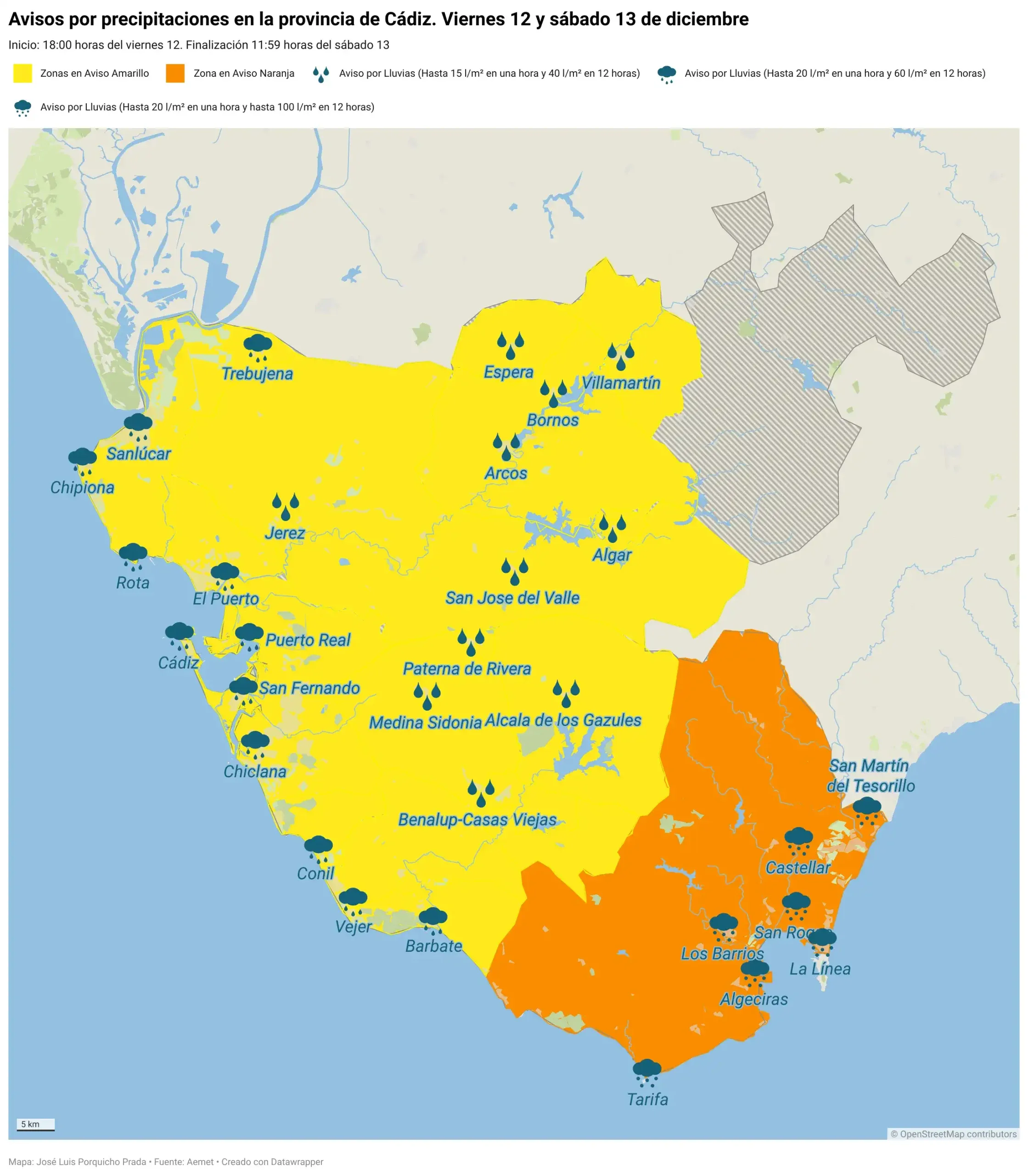 La borrasca Emilia marca un fin de semana de lluvias intensas y avisos meteorológicos en la provincia de Cádiz