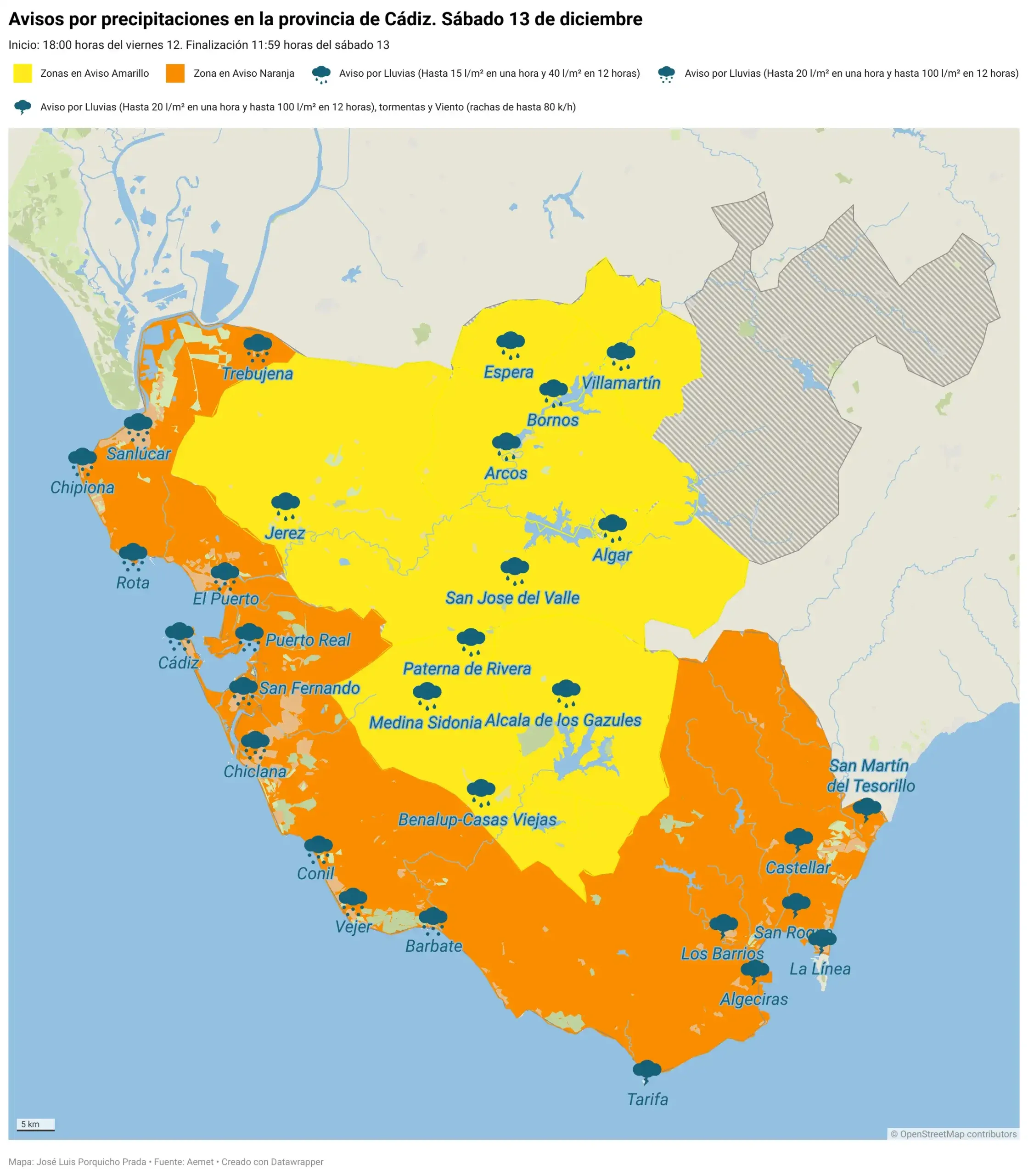 La borrasca Emilia mantiene a Cádiz con avisos amarillos y naranjas este sábado