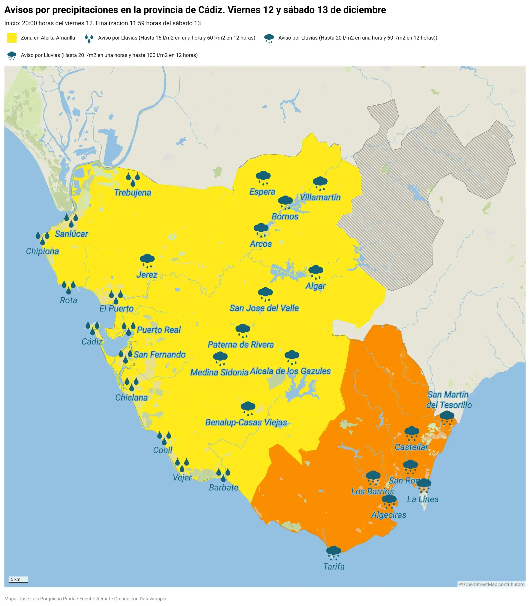 La borrasca Emilia activa los avisos amarillo y naranja por lluvias este viernes y sábado en la provincia de Cádiz: hasta 100 l/m² en 12 horas