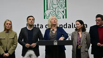 La delegada de la Junta, Mercedes Colombo, en la comparecencia de balance del año junto al resto de delegados y delegadas de la administración autonómica. Foto: Eulogio García.