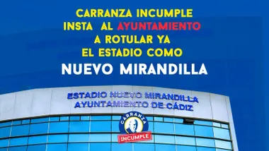 Montaje de Carranza Incumple sobre cómo quedaría el rótulo del nombre Nuevo MMMirandilla en el estadio gaditano. Foto: Carranza Incumple.