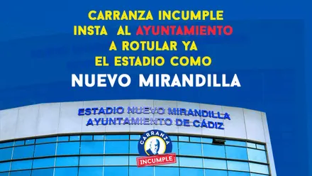 Montaje de Carranza Incumple sobre cómo quedaría el rótulo del nombre Nuevo MMMirandilla en el estadio gaditano. Foto: Carranza Incumple.