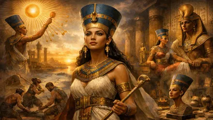 La reina Nefertiti y tras ellas diferentes etapas de su vida.