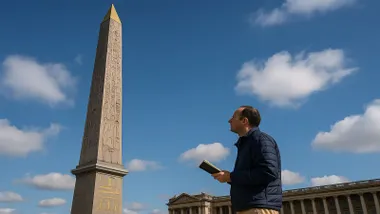Obelisco de París siendo observado por una persona.