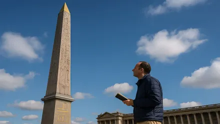 Obelisco de París siendo observado por una persona.