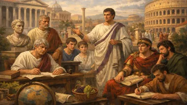 Oradores y de fondo la ciudad de Roma en diferentes tiempos.