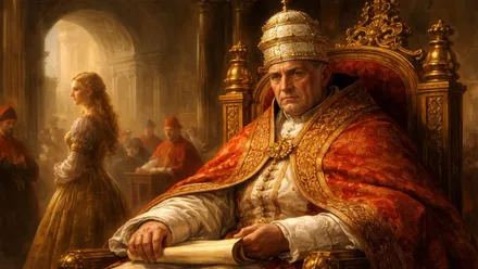 Papa en su trono y atractiva mujer al fondo.