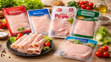 Diferentes envases con pechuga de pavo y plato con lonchas.