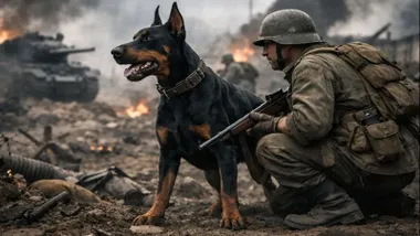 Doberman junto a un soldado en plena batalla de la IIª. Guerra Mundial.