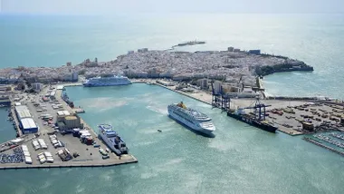 Puerto de Cádiz con barcos y la ciudad al fondo.