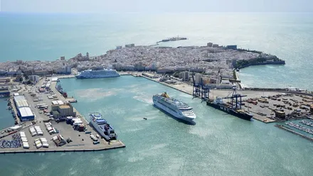 Puerto de Cádiz con barcos y la ciudad al fondo.