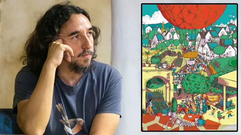 A la derecha el artista Raúl Lucas, a la izquierda la ilustración ganadora muy colorida.