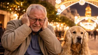 Anciano y perro tapándose los oidos.