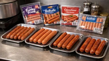 Salchichas en bandejas preparadas para una cata.