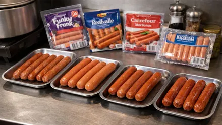 Salchichas en bandejas preparadas para una cata.