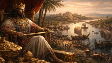 Argantonio mirando al Guadalquivir con barcos y la ciudad al fondo.