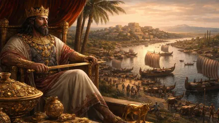 Argantonio mirando al Guadalquivir con barcos y la ciudad al fondo.