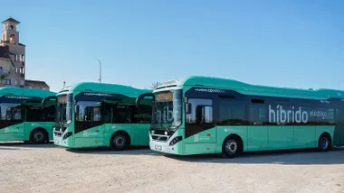 Autobuses verde agua de San Fernando, varios de ellos aparcados en escalón.
