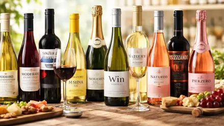 Botellas variadas de vino sin alcohol con mucho colorido.