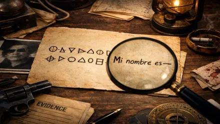 Papel con signos de un criptograma, lupa y traducción.