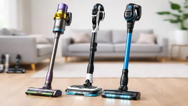 Tres aspiradoras en malva, negra y azul, tres modelos diferentes en un salón con suelo de madera.