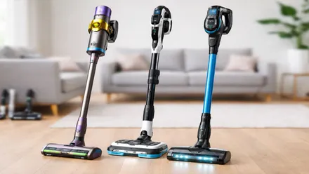 Tres aspiradoras en malva, negra y azul, tres modelos diferentes en un salón con suelo de madera.