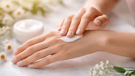 Mujer aplicándose crema en las manos.