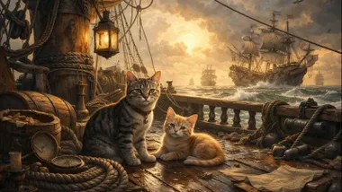 Dos gatos, uno gris y otro naranjoso en la cubierta de un galeón.